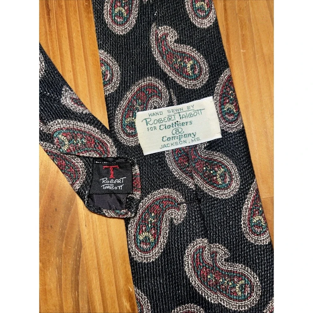 Robert Talbot Hand Sewn Necktie Men Black Linen Silk Paisley Vintage Wedding‎